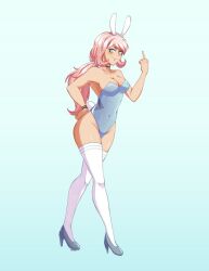 1girls 2026 2d 2d_(artwork) blonde-haired_female blonde_female blonde_hair blue_background blue_eyes bunny_ears bunnysuit clothing fanganronpa female female_only flipping_off looking_at_viewer madison_grace middle_finger only_female ponytail project:_eden's_garden questionable simple_background smirk smirking_at_viewer solo solo_female strawberry_blonde_hair thigh_high_socks thigh_highs thighhighs