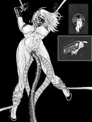 areolae arm_gloves black_and_white bondage comic cum dangerbabecentral domino_mask esha_the_thief female flower flowers gloves heels high_heels long_gloves long_hair mask masked mister_x_(artist) multiple_penetration plant rape sketch tagme tentacle tentacle_sex vines