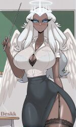 1girls ai_generated angel angel_wings artist_name black_skirt board bra bra_lift dark-skinned_female dark_skin deskk eyeshadow feathered_wings female garter_straps halo hazbin_hotel hi_res high_resolution lace long_hair looking_at_viewer low-angle_view nails pointer school school_uniform sera_(hazbin_hotel) serious serious_face serious_look solo stockings tan tanlines teacher transparent_clothing vivienne_medrano white_hair white_shirt white_wings wide_smile wings