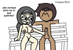 1boy 1girls black_eyes black_hair brown_hair color dialogue female female_focus fiorella_sofia_quispe_nawi glasses hairband handjob interracial light_skin male spanish_text squint tan_body tan_skin text the_p-club twitter_link white_background xgarex