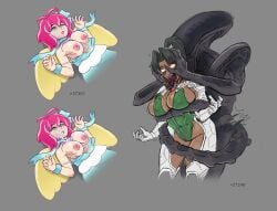2d 2girls action_taimanin alien_(franchise) all_the_way_through ambiguous_penetration angel angel_wings black_hair blood blue_dress breasts cleavage corpse covered_nipples cum dark-skinned_female death dress dress_pull facial female female_death gore green_eyes green_leotard guro gurochanop harpy harpy_(puyo_puyo) huge_breasts impaled inner_mouth knee_armor leg_armor leotard male male_xenomorph mirabell_bell monster murder muscular muscular_female necrophilia nipples open_mouth paizuri pink_hair ponytail puyo_puyo rape ribbon rolling_eyes sex snuff straight strangling taimanin_(series) tears thighs wings xenomorph xenomorph_tail yellow_eyes yellow_wings