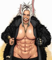 1girls 2d 2d_(artwork) abs aged_up basedshark black_clothing bunny_ears bunnygirl chain_necklace cut_ear female_focus female_only fur_coat gold_jewelry jacket_open long_hair looking_at_viewer mature_female miruko muscular_female my_hero_academia no_bra no_panties open_jacket ponytail presenting red_eyes rings robotic_arm rumi_usagiyama scar_on_face smile solo tan_skin white_hair