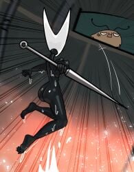 1boy angry ass ass_focus attack attacking_viewer bathhouse breasts bug bug_girl caught doggyawoo female hollow_knight hollow_knight:_silksong hornet_(hollow_knight) jumping muscular_female pain peeping peeping_tom pervert punishment red_cape white_mask