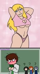 2girls 3boys alien ben_10 ben_tennyson black_hair blonde_hair blue_eyes blushing_profusely brown_hair crossover crossover_couple crossover_pairing crossover_ship crossover_shipping dc_comics green_eyes gwen_tennyson half-dressed half_naked half_naked_female hayley566 heart-shaped_cleavage_window kara_danvers kara_zor-el kevin_levin looking_at_phone phone pose posing question_mark red_orange_hair rook_blonko supergirl underboob
