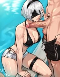 1boy 1girls 2b_(nier:automata) abs ai ai_generated alternate_costume arm_support artist_name bare_shoulders bikini bikini_top_only bikini_under_clothes black_bikini black_blindfold black_hairband black_nails black_shorts blindfold bob_cut breasts cleavage clothed_female_nude_male clothes_pull collarbone covered_eyes day dolphin_shorts erection fingernails grey_hair hairband halterneck headband hetero highleg highleg_bikini large_breasts large_penis lips male_swimwear medium_breasts micro_shorts mole mole_under_mouth nail_polish navel nier:automata nier_(series) no_mole no_shirt out_of_frame outdoors parted_lips partially_submerged patreon_username penis penis_on_face pool poolside short_hair short_shorts shorts shorts_pull sitting skindentation smile soaking_feet solo_focus standing stomach string_bikini swim_trunks swimsuit teeth testicles the_king_of_fighters thigh_strap thighs uncensored v veins veiny_penis water wet wet_clothes white_hair white_shorts