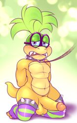 1boy 2018 amarl_krieger anthro arms_behind_back balls clothed clothing collar erection eyewear full_body glasses hair hi_res humanoid_penis iggy_koopa kneeling koopa koopaling leash legwear looking_at_viewer male male_only mario_(series) mostly_nude nintendo open_mouth penis precum scalie solo spikes stockings tail testicles thighhighs video_games