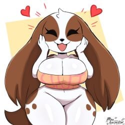 2026 2d 2d_(artwork) 2d_artwork absurd_res anthro artist_logo artist_name artist_signature big_breasts bird_dog black_nose blush bottomless breasts brown_body brown_fur brown_spots canid canine canis cavalier_king_charles_spaniel closed_eyes clothed clothing domestic_dog english_text featureless_crotch female floppy_ears fur hand_on_cheek hand_on_face head_tuft heart_symbol hi_res huge_breasts huge_thighs hunting_dog mammal markings miso_souperstar mocha_(miso_souperstar) mocha_wanko_(miso_souperstar) open_mouth orange_clothing orange_shirt orange_topwear shirt shortstack smile solo spaniel spots spotted_body spotted_fur text text_on_clothing text_on_shirt text_on_topwear thick_thighs topwear toy_dog tuft white_body white_fur wide_hips