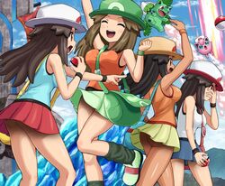 4girls alternate_breast_size alternate_color ambiguous_gender angry ass bag battlefield_(super_smash_bros) blush bottomless bouncing_breasts breasts brown_eyes brown_hair closed_eyes clothes dark-skinned_female dark_skin feral green_skin hat human human_only ivysaur jigglypuff leaf_(pokemon) leg_up long_hair looking_away nintendo no_panties nude outdoors pink_skin pointing poke_ball pokemoa pokemon pokemon_(species) pokemon_frlg pokemon_rgby red_eyes scalie shirt shoes skirt smile socks source_request standing super_smash_bros. sweatband tan tan_skin thighs