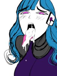 bleedingdumpster blue_hair blush cum cum_in_mouth cum_on_tongue cum_string kira_miki purple_eyes robot robot_girl va-11_hall-a