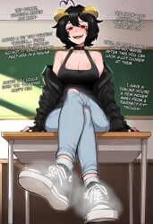 1girls 2026 2d absurdres ahoge ai_assisted ai_generated armpit artist_self-insert ayanokouji_kiyotaka background_character bare_shoulders big_breasts black_clothes black_clothing black_hair black_nails black_tank_top blush breasts caption chalkboard choker classmate classroom classroom_of_the_elite coat colored converse converse_fetish converse_shoes crossed_legs demon demon_girl demon_horns demoness desk english_text fangs feet female femdom findom fog foggy gold_horns hi_res highres horns jacket jeans leather_jacket light_skin long_nails looking_at_viewer medium_hair nail_polish pale_skin red_eyes ripped_clothing ripped_jeans ripped_pants self_upload sharp_nails shoe_fetish shoe_smell shoe_soles shoes shoulders shoulders_exposed sitting sitting_on_desk soles solo solo_female solo_focus star_shaped_pupils steam steamy steamy_feet steamy_shoes student succubus sweater tank_top text thighs tight_clothes tight_clothing torn_clothes torn_clothing torn_jeans trenchcoat villainousvicky villainousvicky_(vtuber) watermark yellow_horns