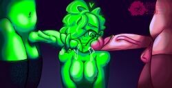 1girls 2boys aloekunyep big_penis breasts casolie_(aloekunyep) casolite chest dick digital_drawing_(artwork) digital_media digital_media_(artwork) dripping dripping_precum gem gem_(species) giant_penis green_body green_eyes green_hair green_penis green_skin heart-shaped_pupils hyalite hyalite_(aloekunyep) mineral_humanoid naked orange_dick orange_skin original_character radioactive socks spiky_cock steacyite steacyite_(aloekunyep) threesome threesome_blowjob threesome_sex ultraviolet_light