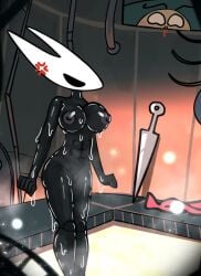1boy angry bathhouse breasts bug bug_girl caught doggyawoo female hollow_knight hollow_knight:_silksong hornet_(hollow_knight) muscular_female nosebleed peeping peeping_tom pervert red_cape white_mask