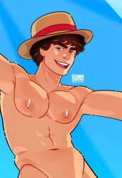 1boy abs actor areolae athletic athletic_male belly biceps big_nipples cropped curly_hair danndrawg danndrawing gay hat higher_resolution_available iñaki_godoy looking_at_viewer male male_only monkey_d_luffy muscular muscular_male navel nipples no_visible_genitalia nude one_piece one_piece_(live_action) patreon patreon_exclusive pecs solo solo_male tan_body tanned thick_eyebrows topless twunk yaoi