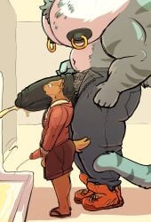 ambiguous_species anthro balls big_muscles big_nipples big_pecs big_penis bodily_fluids body_hair bottomwear chest_hair clothing denim denim_bottomwear denim_clothing duo felid flip_flops footwear foreskin genital_fluids genitals hi_res hoodie huge_pecs huge_penis hyper hyper_pecs hyper_penis impressed jeans joe_(joebluefox) joebluefox larger_male male male/male mammal muscular muscular_arms muscular_male navel nipple_piercing nipple_ring nipples open_mouth pantherine pants pecs peeing peeing_in_urinal peeing_together penis penis_poking_out penis_size_difference penis_through_fly piercing pubes ring_piercing sandals shoes shorts size_difference smaller_male standing stripes tail tiger topwear urinal urine zipper