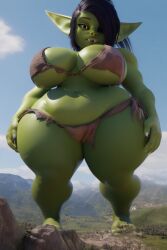 ai_generated barefoot black_hair fantasy full_body giantess gobbo gobbo_(scrag_boy) goblin_female green_skin humongous_thighs loincloth micro_village middle_ages mythological_creature nipple_rings nipples nude pixai portrait yellow_eyes