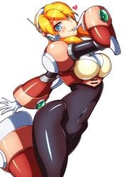 absurdres alia alia_(mega_man) android armor big_breasts blonde_hair blue_eyes blush blush_lines bodysuit breasts capcom commentary_request female gloves green_eyes hair_between_eyes headset helmet highres joints kotatuman_dash large_breasts long_hair looking_at_viewer medium_breasts mega_man mega_man_(series) mega_man_x mega_man_x8 mega_man_x_(series) navigator pink_armor reploid robot_ears robot_girl robot_joints smile solo suggestive_look thick_thighs thighs thin_waist white_gloves