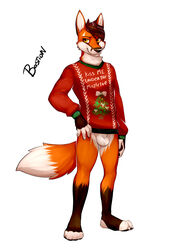 animal_genitalia anthro balls bastion bottomless brown_eyes brown_fur canine christmas_sweater clothed clothing fox fur male male_only mammal orange_fur sheath simple_background solo standing sweater white_fur