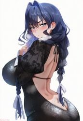 1girls ass back backless_dress backless_outfit bangs bare_back big_breasts black_dress blue_eyes blue_hair blush braid breasts breath butt_crack dress eyebrows_visible_through_hair female female_only from_behind hair_intakes hololive hololive_english huge_breasts kguy1920 long_hair long_sleeves looking_at_viewer looking_back ouro_kronii ouro_kronii_(maid) solo striped tagme twin_braids vertical_stripes virtual_youtuber