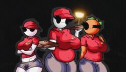 3girls :3 amy_(chetoh) bald bald_female black_eyes breasts chetoh chubby chubby_female claire_(chetoh) clothed clothed_female egg female female_focus female_only jeans leaf leaf_hair looking_at_viewer mandy_(chetoh) night oc orange orange_body original original_character original_characters photo_background pizza_box pizza_delivery shirt smile text text_on_clothing white_body wink winking winking_at_viewer work_uniform