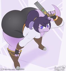 2026 anthro ass bent_over big_ass big_butt boots bottomwear breasts cleavage clothed clothing digital_media_(artwork) fat_ass female fingerless_gloves flintlock_pistol footwear gloves gun hair handgun handwear hi_res horn huge_ass huge_butt kobold looking_at_viewer masterj291 not_furry patreon pistol ponytail purple_background purple_body purple_eyes purple_hair purple_horn ranged_weapon scalie serena_mauger shoes shorts shortstack simple_background small_breasts smile smiling_at_viewer solo thick_thighs weapon