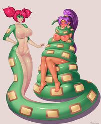 2girls abs asphyxiation bangs big_breasts blue_eyes blush coiling earrings female female_only femsub helpless hoop_earrings hourglass_figure lamia long_hair nippleless nipples no_nipples nude pigtails pink_hair pointy_ears ponytail purple_hair restrained scalie shantae shantae_(character) smooth_skin snake_girl tesomu tongue_out tuki_(shantae) yellow_sclera