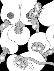 areolae black_and_white bondage breast_milk breast_sucking breasts comic dangerbabecentral esha_the_thief female long_hair milking milking_tentacles mister_x_(artist) monster plant sketch tagme