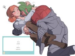 blush blush_lines danganronpa_another fanganronpa female green_hair hetero_sex korean_text male male/female male_and_female_focus mekaru_rei orange_hair otori_teruya request requested straight straight_sex super_danganronpa_another_2 tanned tanned_male tanned_skin white_background yellow_eyes