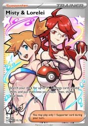 2girls ahoge bikini black_bikini blue_eyes border breasts cleavage clothing_request cowboy_shot glasses highres holding kasumi_(pokemon) long_hair looking_at_viewer lorelei_(pokemon) lorelei_(pokemon_lgpe) medium_breasts misty_(pokemon_lgpe) multiple_girls navel nintendo open_mouth orange_hair patreon_username poke_ball pokemon pokemon_card pokemon_lgpe pokemon_origins pokemon_tcg pokemon_tcg_pocket ponytail red_eyes red_hair redjet short_hair side_ponytail sidelocks smile swimsuit underboob white_border