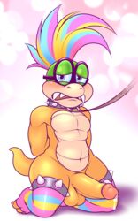 1boy 2018 amarl_krieger anthro arms_behind_back balls clothed clothing collar erection eyewear full_body glasses hair hi_res humanoid_penis iggy_koopa kneeling koopa koopaling leash legwear looking_at_viewer male male_only mario_(series) mostly_nude nintendo open_mouth penis precum scalie solo spikes stockings super_mario_bros._3 tail testicles thighhighs video_games