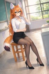 1girls 2:3 ai_generated animal_ear_fluff animal_ears artist_request big_breasts black-framed_eyewear black_heels black_shoes black_skirt bracelet breasts button_down_shirt chalkboard classroom cleavage clothed clothed_female female female_only feneko_amy fennec fennec_fox fluffy_tail fox_ears fox_girl fox_tail glasses high_heels indie_virtual_youtuber indoors jewelry long_hair office_lady orange_hair pencil_skirt potted_plant school_desk sitting solo source_request tail teacher tight_clothing tights tile_floor white_shirt window yellow_eyes