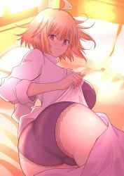 1girls ahoge alternate_breast_size_(larger) arcueid_brunestud ass ass_focus backlighting bed_frame big_ass black_bra black_panties blanket blonde_hair blush bra breasts closed_mouth commentary commentary_request day female floating_hair from_behind highres huge_ass huge_breasts indoors lace lace_bra lace_panties large_breasts lens_flare looking_at_viewer looking_back lying masatoshi_ikeda_(uug28aiuopy2six) no_pants nose_blush on_bed on_side open_clothes open_shirt panties pillow presenting_ass presenting_hindquarters red_eyes shirt shirt_tug short_hair sidelocks sideways_glance sleeves_rolled_up smile solo sunlight sweater tsukihime underwear white_shirt white_sweater window