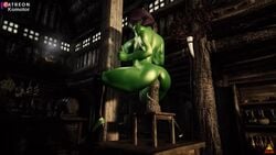 anal anal_penetration animated big_ass big_breasts dildo female green_skin high_heels huge_dildo komotor male multiple_boys music orc orc_female purple_hair sex_toy sexlab skyrim solo_focus sound tagme the_elder_scrolls thicc_doll thick_ass thick_legs video