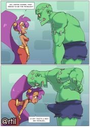 1boy 1girls comic dialogue erection female green_skin huge_cock imminent_sex long_hair male monster pointy_ears ponytail purple_hair rtil shantae shantae_(character) short_hair text wayforward zombie
