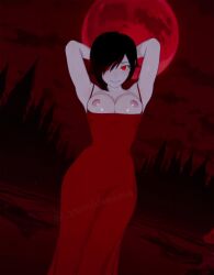 _yumidreams ai_generated armpits arms_behind_head arms_up black_hair breasts breasts_out dress female full_moon glowing_eyes hair_over_one_eye large_breasts looking_at_viewer medium_breasts moon nipples no_bra red_dress red_eyes red_moon red_sky red_theme ruby_rose rwby short_hair smile solo vampire vampire_girl
