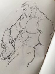 1boy 2016 bara human luxuris male male_only masturbation monochrome muscle nude penis sketch solo testicles