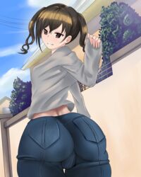 big_butt brown_eyes brown_hair cameltoe denim idolmaster jeans pants sunazuka_akira