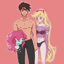 1boy 2girls ass_visible_through_thighs blonde_hair clothed clothing disney ear_piercing earrings female flying_princess_pony_head horn lingerie long_hair magic male marco_diaz piercing pony simple_background star_butterfly star_vs_the_forces_of_evil topless