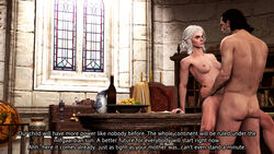 1boy 1girls 3d armpit black_hair cd_projekt_red ciri emhyr_var_emreis english_text father_and_daughter female green_eyes incest medium_breasts missionary_position on_table the_witcher the_witcher_(series) the_witcher_3:_wild_hunt vaginal_penetration white_hair xpsfm