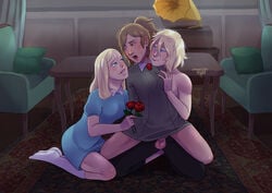 1boy 2girls absurdres alois_trancy bisexual bisexual_(female) blonde_hair blue_eyes blush breasts brown_eyes clothed_sex commission crossover grab grin groping highres jennifer_(rule_of_rose) kuroshitsuji magnta multiple_girls penetration penis rose rule_of_rose sex shirtless smile spread_legs sweat testicles vaginal_penetration wendy_(rule_of_rose) wince