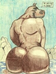 ass beard brown_skin common_hippopotamus crazy_company dialogue dreamworks facial_hair gay grin hippopotamid looking_back madagascar_(series) male male_only mammal moto_moto musclegut nude partially_submerged pose simple_background smile solo water