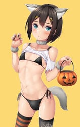 1boy androgynous animal_ears animal_tail bikini blush collar crossdressing girly halloween shirt_lift takocha trap