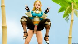 1boy 1girls 3d ass blonde_hair breasts clothed clothed_female_nude_male cum double_v fenriossfm holding lifted nintendo nude outdoors penis playful princess_zelda text the_legend_of_zelda tongue_out watermark zelda_(breath_of_the_wild)