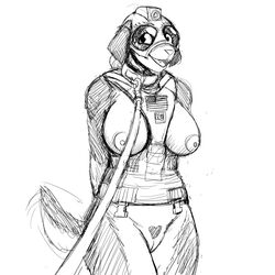 2019 american_flag anthro armor big_breasts bottomless breasts canine clothed clothing collar female hat helmet hladilnik leash mammal military monochrome mostly_nude nipples pubes pussy samantha_thott simple_background smile solo tailwag