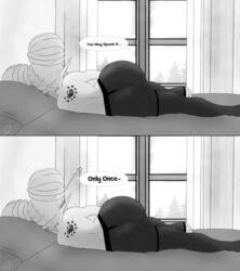 cyana_(p.m._seymour) elf female large_ass laying_on_bed laying_on_side leggings looking_away meme presenting riley_moore_(artist) shortstack text_bubble thick_thighs