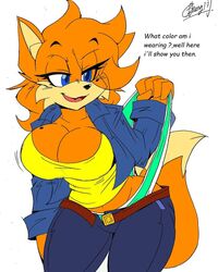 akatsukishiranui-fox anthro big_ass big_breasts blue_eyes breasts female flirting fox fox_tail jacket orange_fur panties panty_pull speaking talking_to_viewer teal_panties tight_clothing tight_pants unbuckled_belt unbuttoned_pants underwear wedgie wide_hips yellow_shirt