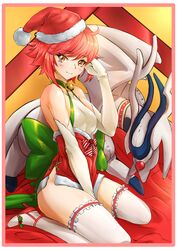 1girls absurdres bell between_legs bow choker christmas collarbone cute deekei dragon elbow_gloves female fire_emblem fire_emblem_fates full_body fur-trimmed_hat fur_trim gloves green_bow green_ribbons hand_between_legs hand_in_hair hat head_tilt highres hinoka_(fire_emblem) looking_at_viewer merry_christmas red_hair red_hat ribbon ribbon_choker santa_costume santa_hat short_hair sitting sleeveless smile solo thighhighs thighs wariza white_gloves white_legwear yellow_eyes