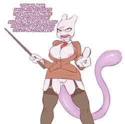 angry big_breasts breasts clothing dialogue english_text female female_mewtwo huge_breasts legendary_pokémon legwear mew_tuely_(fan_character) mewtwo milftwo_(character) mootcookie mootcookie_(artist) necktie nintendo nipples no_underwear pokemon pokemon_(species) pussy solo stockings suite teacher text thigh_highs unaware video_games