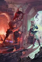 2girls absurd_res animal_ears blacksmith breasts cat_ears cat_girl catgirl cleavage cutesexyrobutts female final_fantasy final_fantasy_xiv gloves heterochromia highres large_breasts miqo'te multiple_girls muscular_female pink_hair red_hair