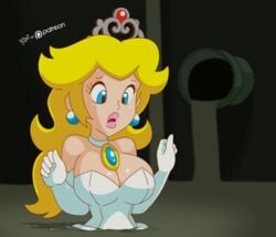 1girls accidentally_stuck blonde_hair blue_eyes breasts cleavage crown curvy dress earrings elbow_gloves female female_only femsub gloves large_breasts mario_(series) mud nintendo patdat princess_peach quicksand sewer strapless_dress stuck stuck_in_floor super_mario_odyssey wedding_dress