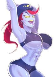 1girls a_amanatsuto anthro armpits arms_above_head big_breasts bikini blue_skin breasts deltarune demon female police police_hat police_officer policewoman red_hair solo undertale undyne yellow_eyes